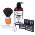 Parker 24C open comb safety razor starter shaving set with badger brush and Taconic shaving cream