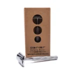 Parker 78R three-piece closed comb safety razor in high luster chrome, shown with its kraft Parker box