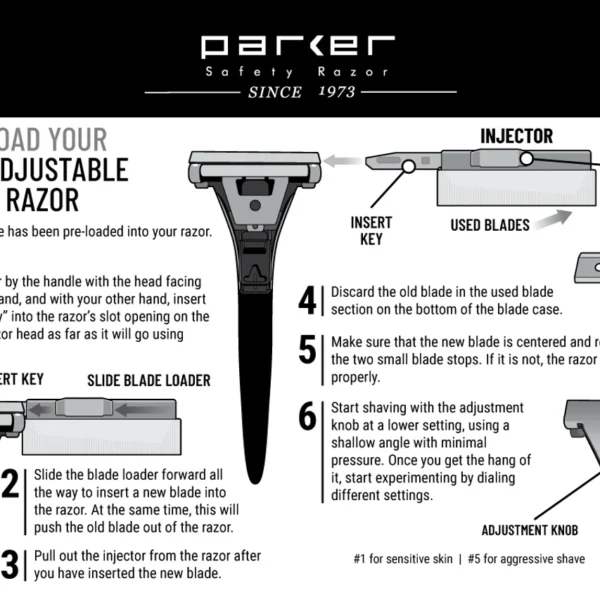 Parker Adjustable Injector Razor with 20 Single Edge Blades - Image 5