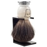 Black badger shaving brush by Parker with ivory handle and stand
