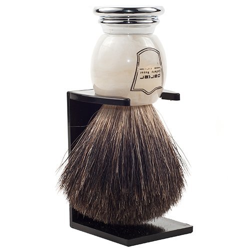 Black badger shaving brush by Parker with ivory handle and stand