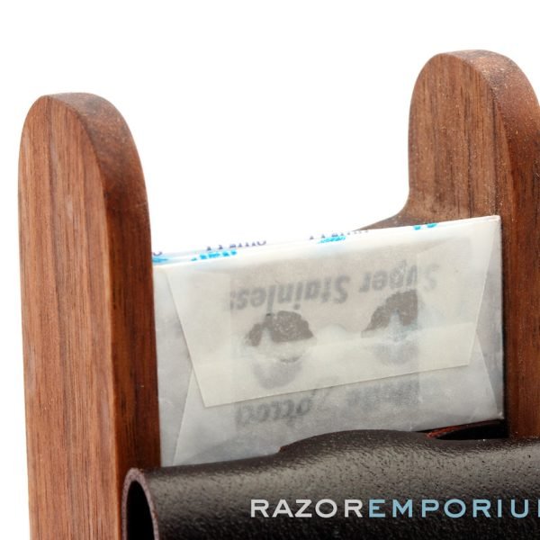 Rex Supply Co. DE Safety Razor Case - Leather and Walnut Design with razor out close up blade compartment close up