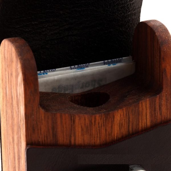 Rex Supply Co. DE Safety Razor Case - Leather and Walnut Design with razor out close up blade compartment