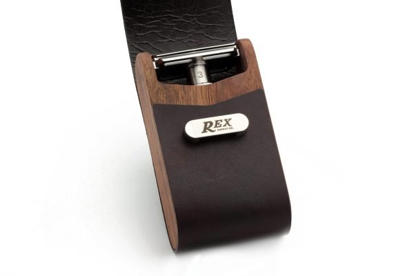 Rex Supply Co. DE Safety Razor Case - Leather and Walnut Design with razor flap open