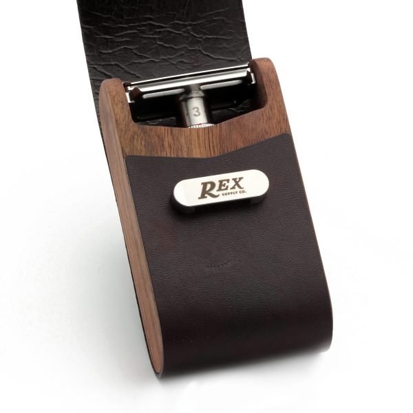 Rex Supply Co. DE Safety Razor Case - Leather and Walnut Design with razor flap open