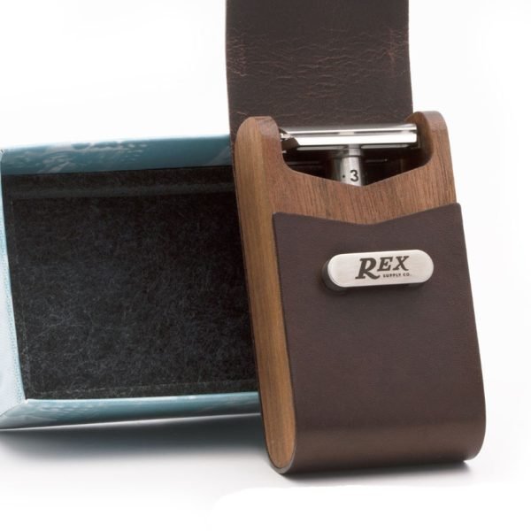 Rex Supply Co. DE Safety Razor Case - Leather and Walnut Design with razor open with razor