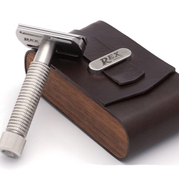 Rex Supply Co. DE Safety Razor Case - Leather and Walnut Design with razor laying left