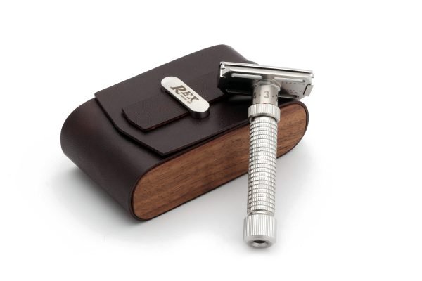 Rex Supply Co. DE Safety Razor Case - Leather and Walnut Design with razor out