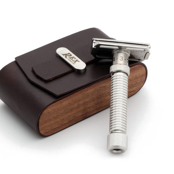 Rex Supply Co. DE Safety Razor Case - Leather and Walnut Design with razor out