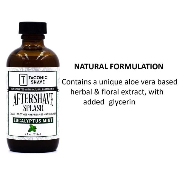 Taconic Shave eucalyptus mint aftershave splash in 4 oz glass bottle contents