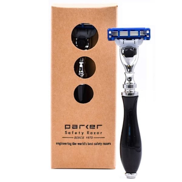 Parker 111B-M3 Mach 3 Razor with Chrome Accents – Black or White Handle - next to box