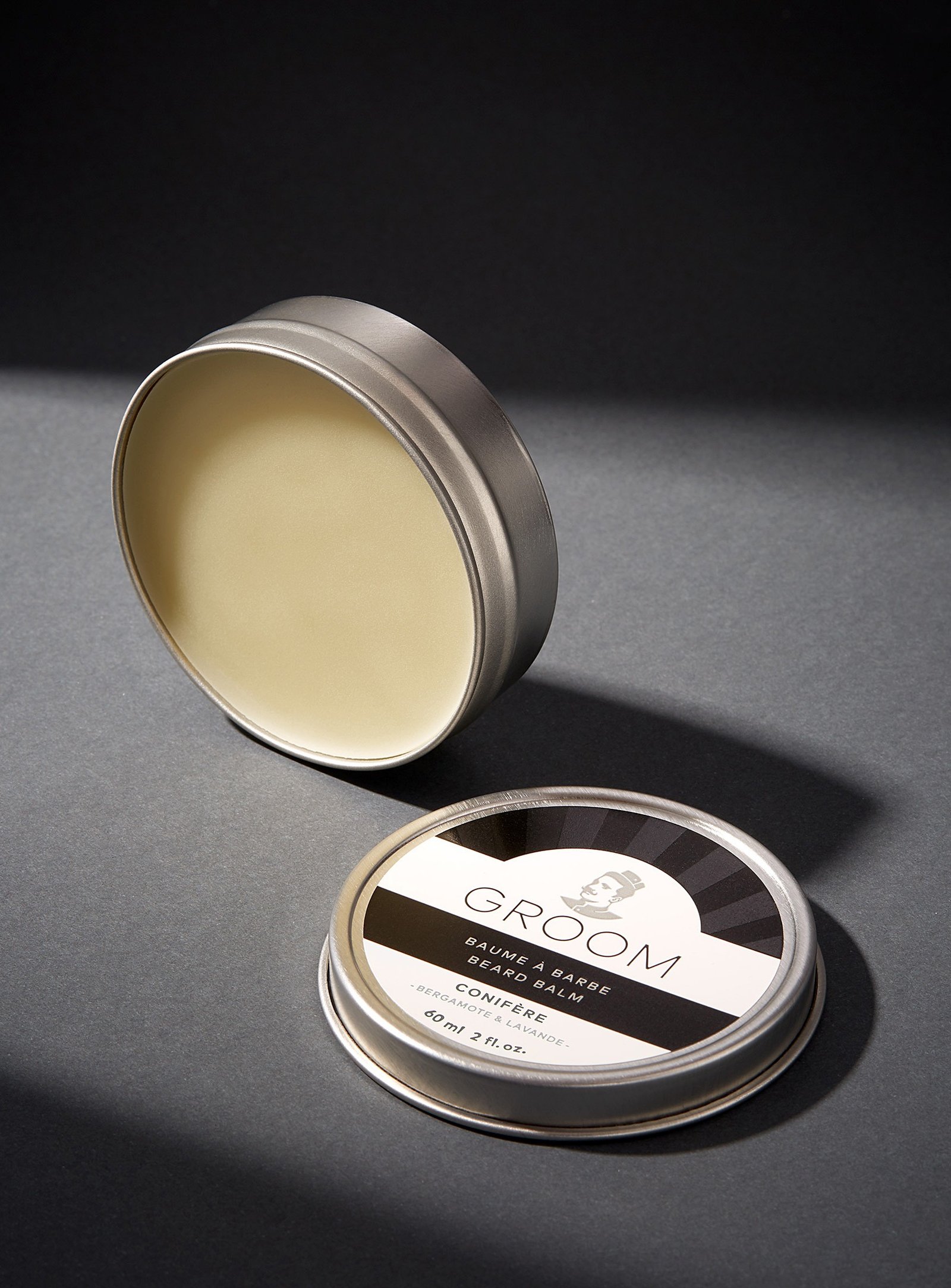 GROOM beard balm tin, made in Montreal