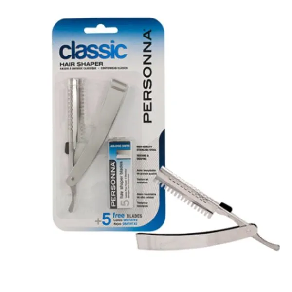 Personna Classic Hair Shaper stainless steel razor in its blister pack with a box of five slick-coated hair shaper blades