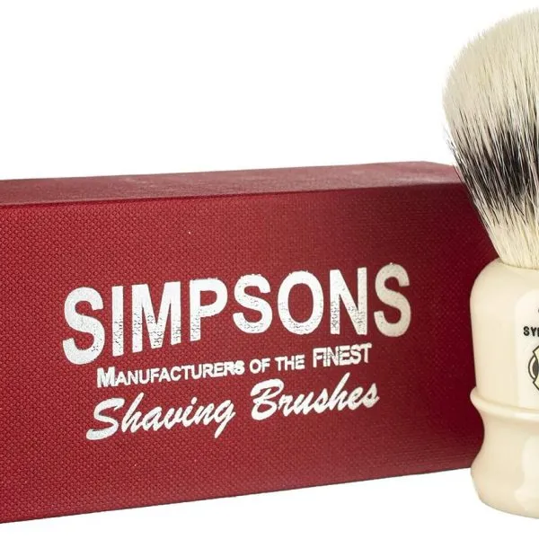 Simpsons Chubby 2 synthetic shaving brush beside its red Simpsons box
