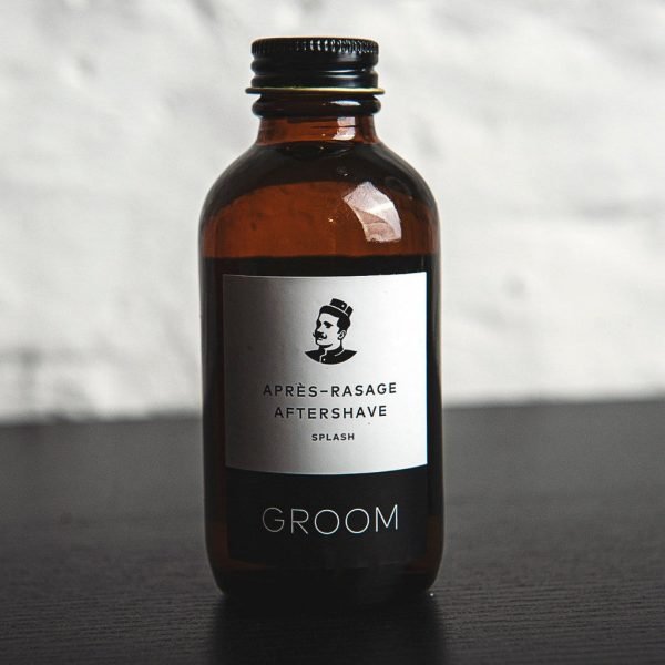 GROOM Aftershave Splash 100ml – Vetiver and Juniper Scent black and white background