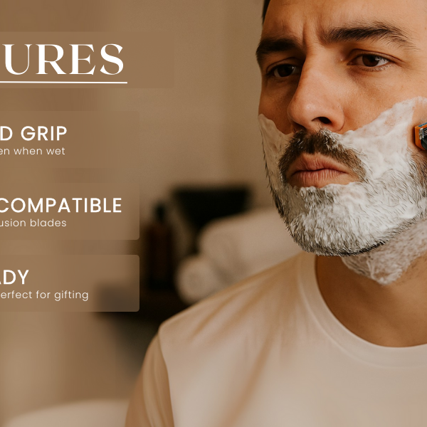 Man shaving with Parker Fusion Razor showing textured grip and precision control