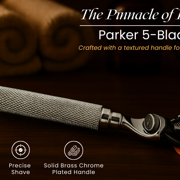 Parker Deluxe Fusion Razor with solid brass chrome plated handle on towel background