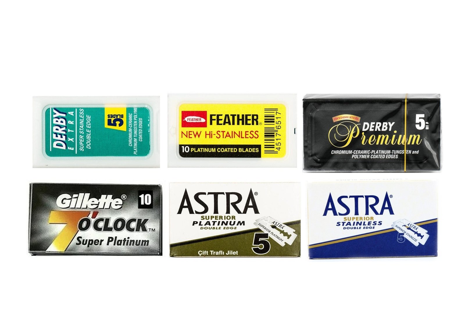 Blade sampler pack with 40 blades: Derby, Astra, Feather and Gillette 7 O'Clock Super Platinum