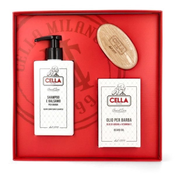 Cella Milano Deluxe Beard Grooming Gift Set with oil, shampoo, and brush Open case
