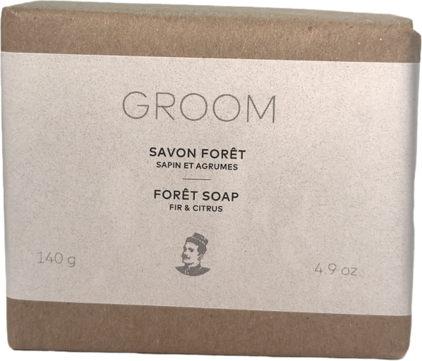 groom-foret-soap-cedarwood-pine-140g-front GROOM Foret Soap bar with cedarwood and pine scent in eco-friendly packaging-Front