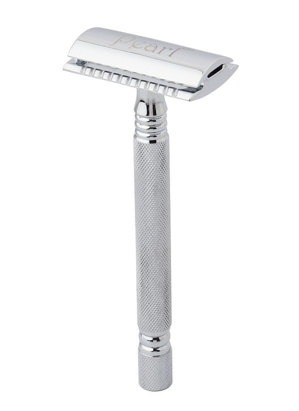Pearl SS-01 Chrome Double Edge Safety Razor with close comb head - Standing