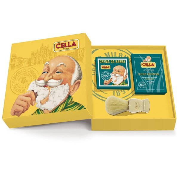 Inside view of Cella Milano organic shaving gift set with shaving cream, aftershave balm, and brush