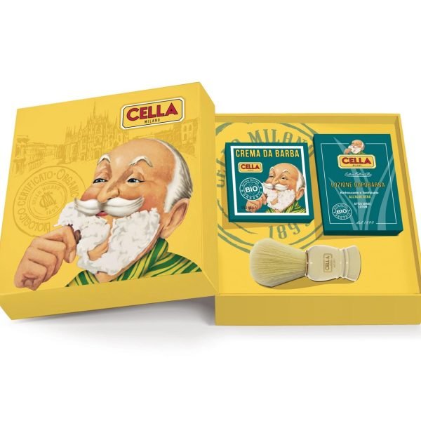 Inside view of Cella Milano organic shaving gift set with shaving cream, aftershave balm, and brush