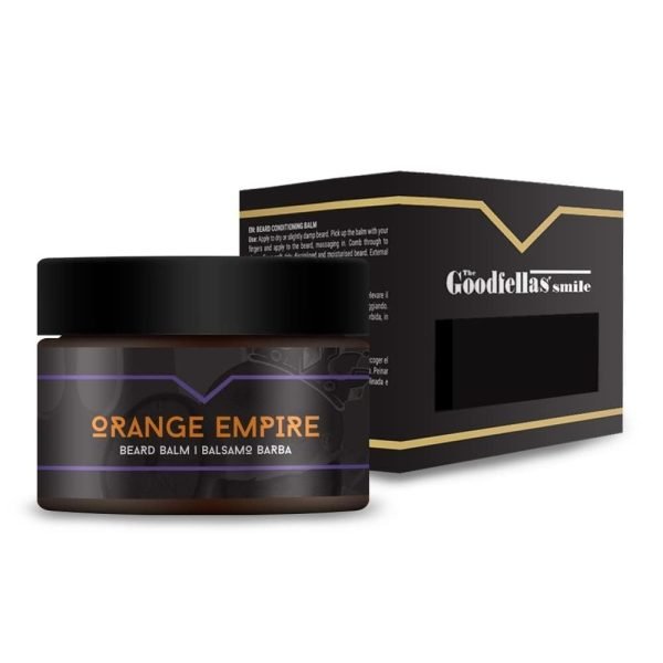 The Goodfellas' Smile Orange Empire Beard Balm 50ml – product jar alongside box packaging