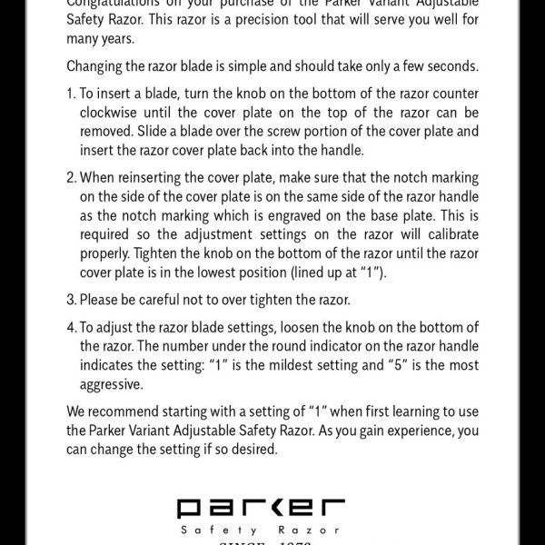 Instruction insert titled “Parker Variant Adjustable Safety Razor Instructions” with blade loading and adjustment steps
