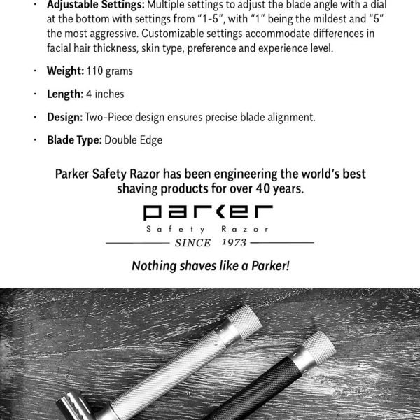 Parker Variant Adjustable specs card listing settings 1–5, weight 110 g, length 4 in, two-piece design, double-edge blade