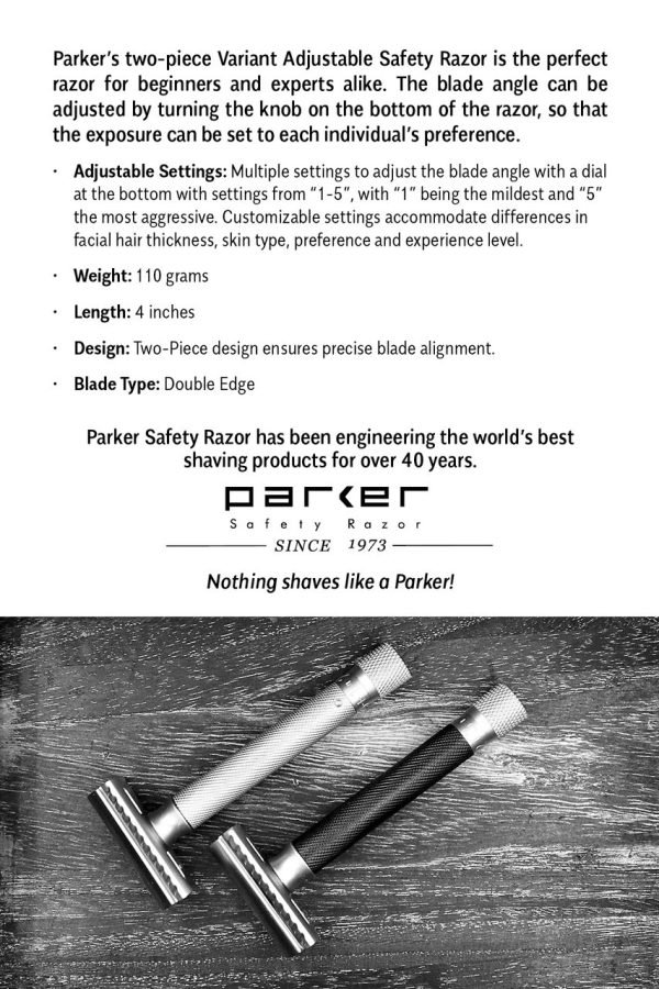 Parker Variant Adjustable specs card listing settings 1–5, weight 110 g, length 4 in, two-piece design, double-edge blade