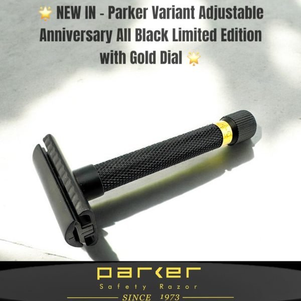 NEW IN – Parker Variant Adjustable Anniversary All Black Limited Edition with Gold Dial” promotional graphic with razor photo