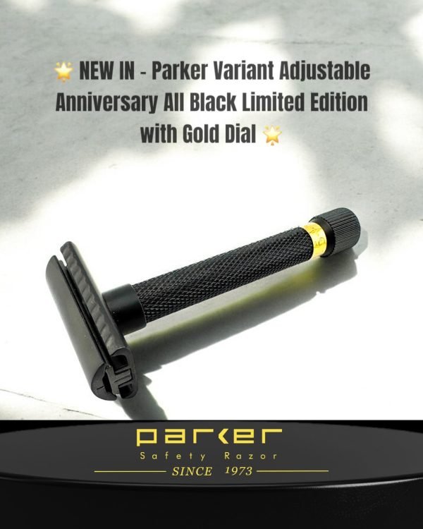 NEW IN – Parker Variant Adjustable Anniversary All Black Limited Edition with Gold Dial” promotional graphic with razor photo