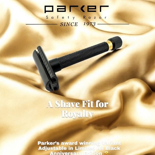 Lifestyle graphic on gold satin reading “A Shave Fit for Royalty” with Parker branding and Anniversary Edition razor