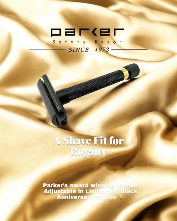Lifestyle graphic on gold satin reading “A Shave Fit for Royalty” with Parker branding and Anniversary Edition razor