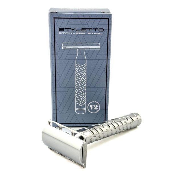 The Goodfellas’ Smile Styletto V2 stainless steel safety razor with retail box packaging