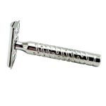 The Goodfellas’ Smile Styletto V2 stainless steel double-edge safety razor, side view on white background