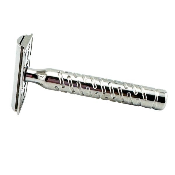 The Goodfellas’ Smile Styletto V2 stainless steel double-edge safety razor, side view on white background