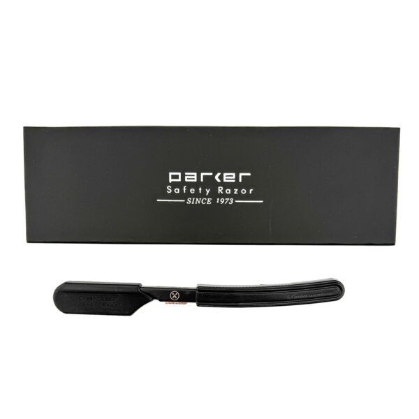 Parker Director shavette razor and storage box displayed together black
