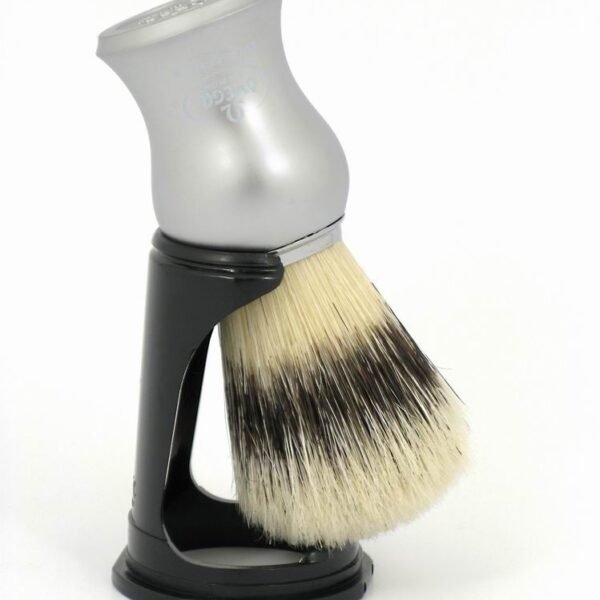 Omega 81229 shaving brush with natural bristles and satin chrome handle with stand