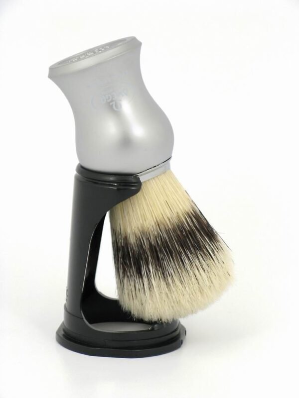 Omega 81229 shaving brush with natural bristles and satin chrome handle with stand