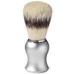 Omega 81229 shaving brush with natural bristles and satin chrome handle standing