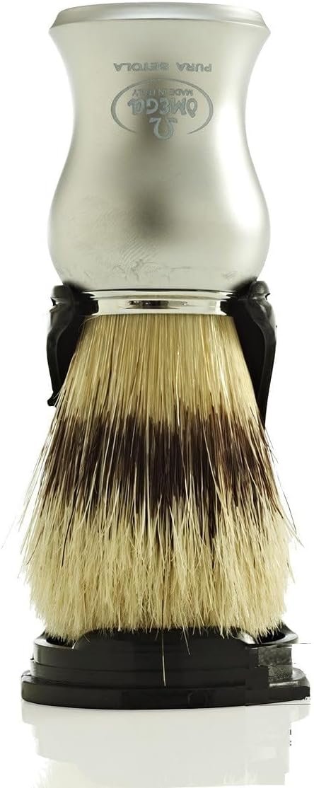 Omega 81229 shaving brush with natural bristles and satin chrome handle