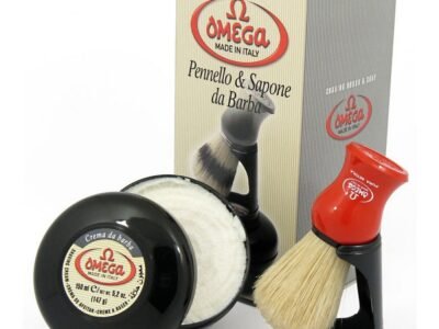 Omega shaving cream and boar brush kit with stand for traditional wet shaving out