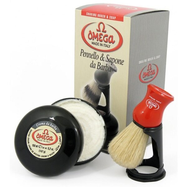 Omega shaving cream and boar brush kit with stand for traditional wet shaving out