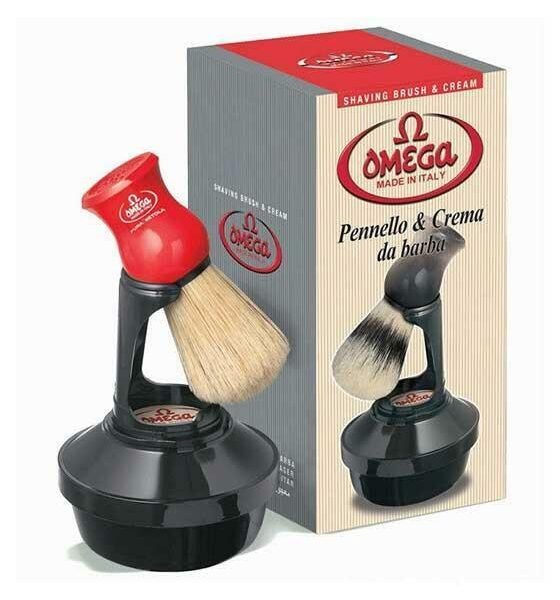 Omega shaving cream and boar brush kit with stand for traditional wet shaving