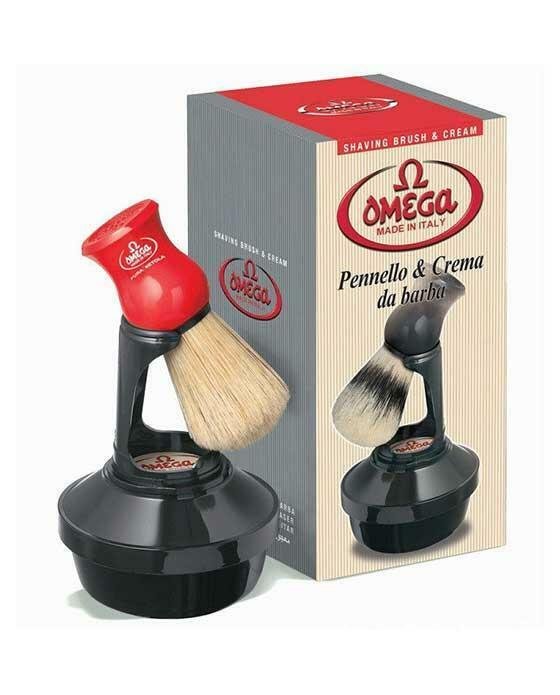 Omega shaving cream and boar brush kit with stand for traditional wet shaving