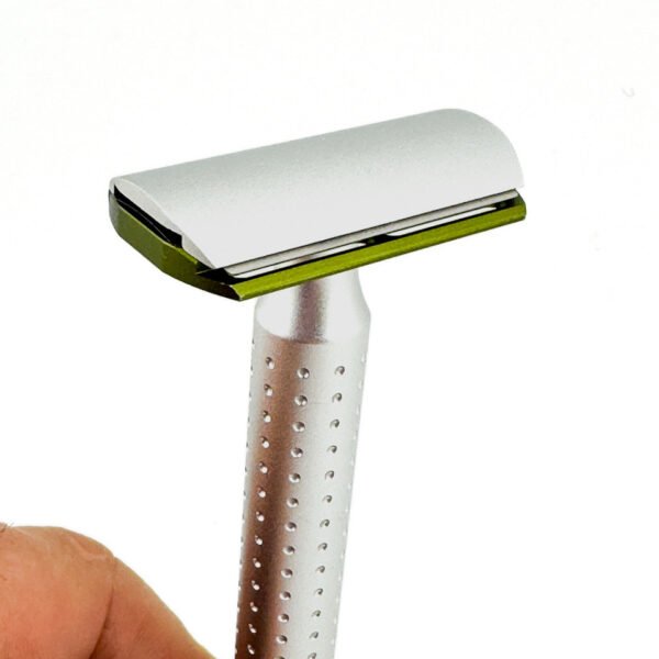 Parker AeroShave aluminum safety razor handle in hand