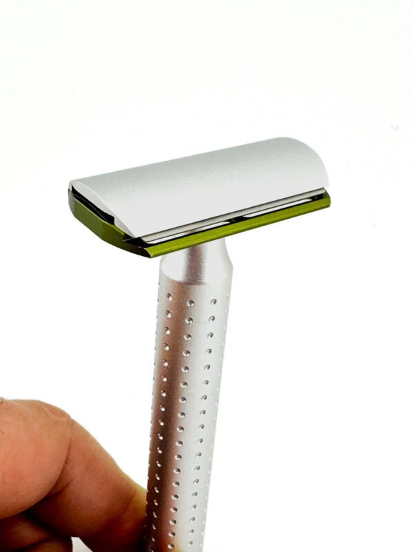 Parker AeroShave aluminum safety razor handle in hand
