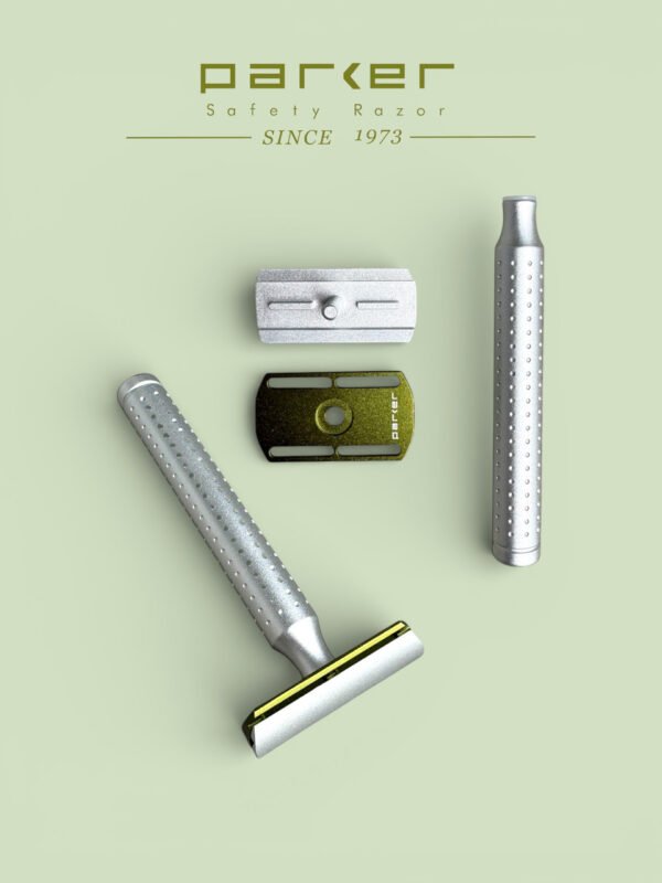Parker AeroShave aluminum safety razor handle open on green